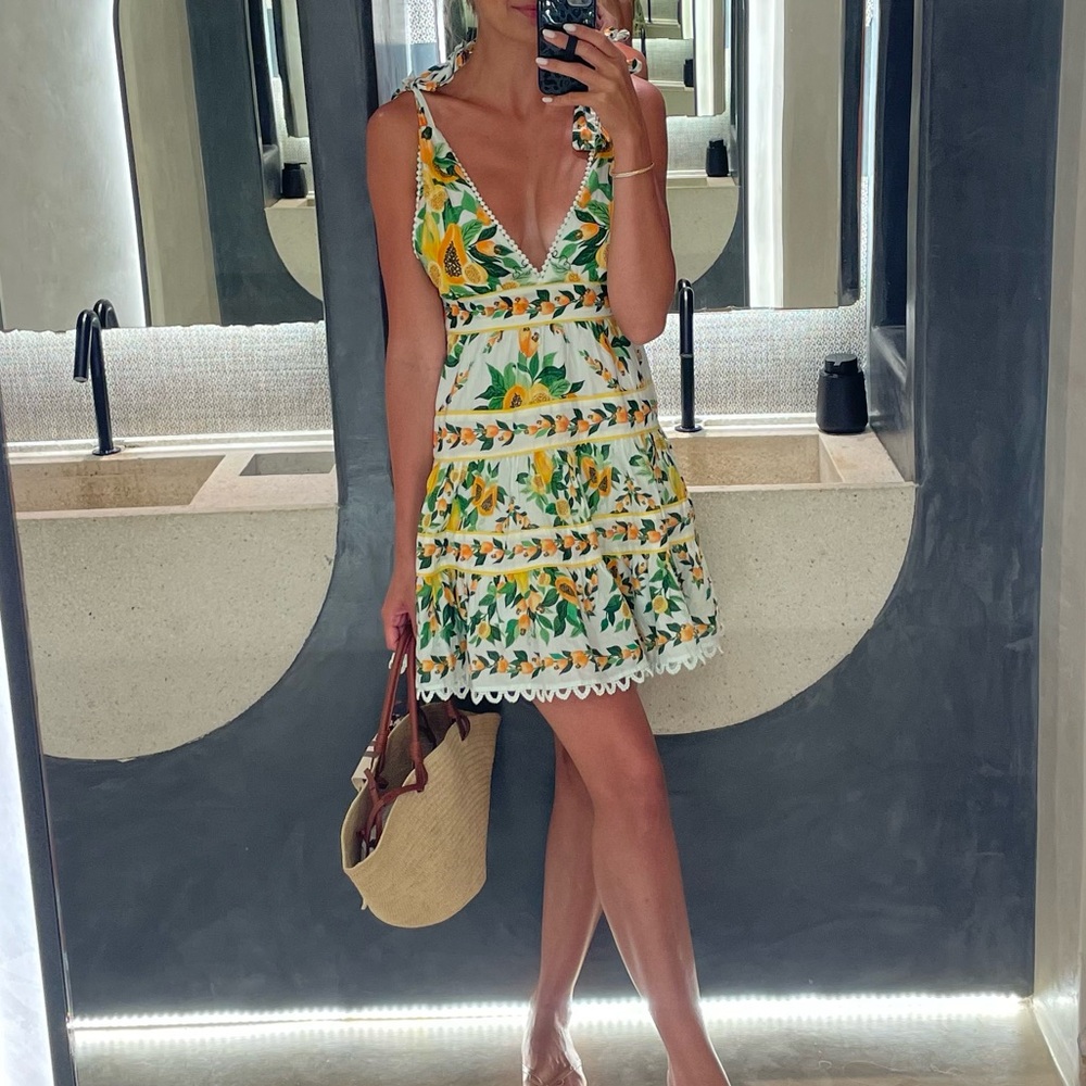 FARM Rio Green and Yellow Sleeveless V-Neck Sundress